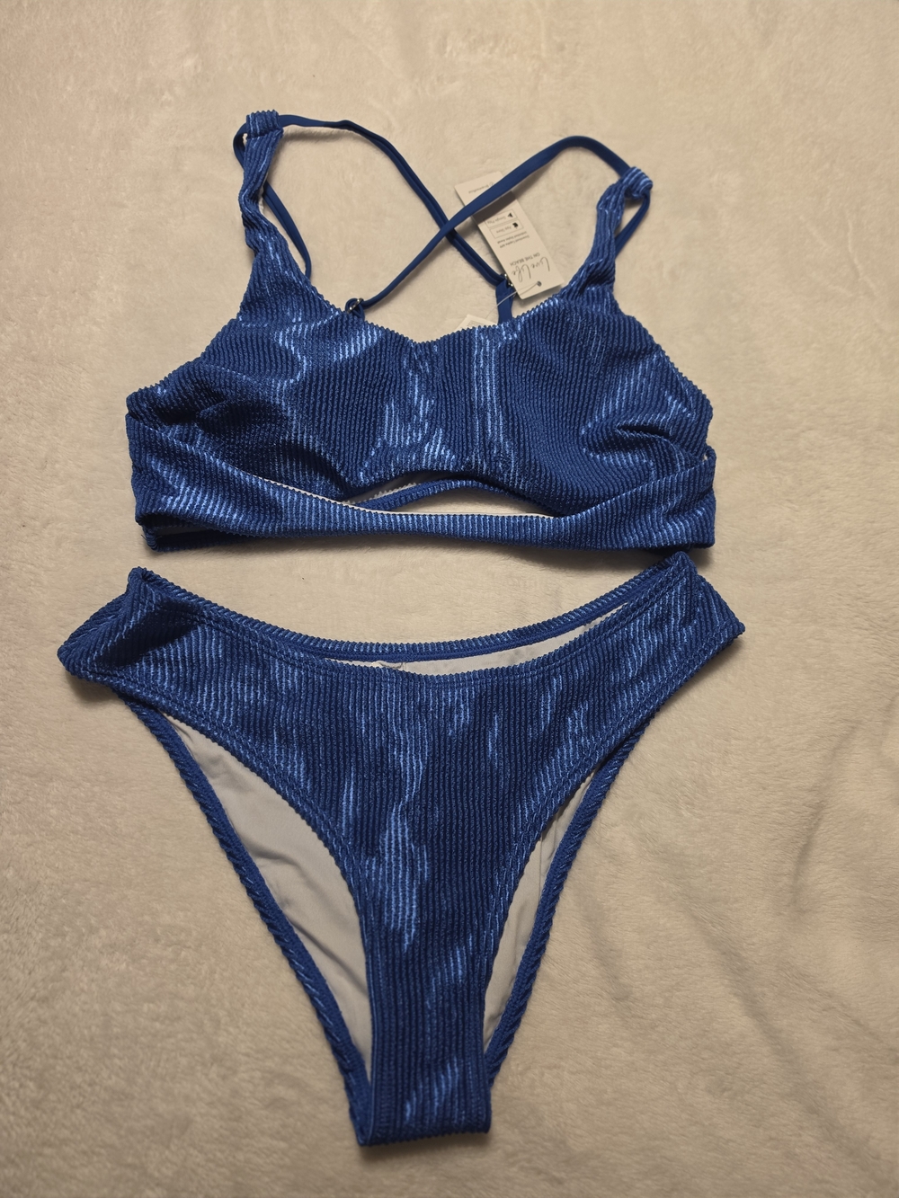 Cupshe Electric Blue Ribbed Metalic Bikini Set with Crisscross Straps